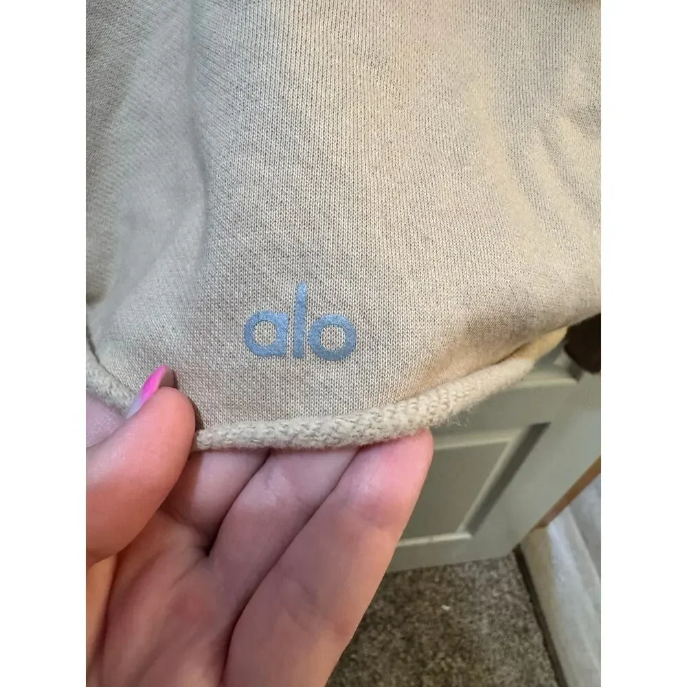 Alo Yoga Effortless Crop Hoodie Funnel Neck Taupe Raw Edge Est Large